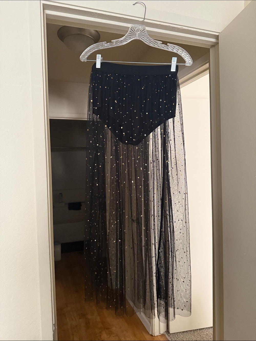 Sheer Black Tulle Maxi Skirt with Metallic Dot Accents